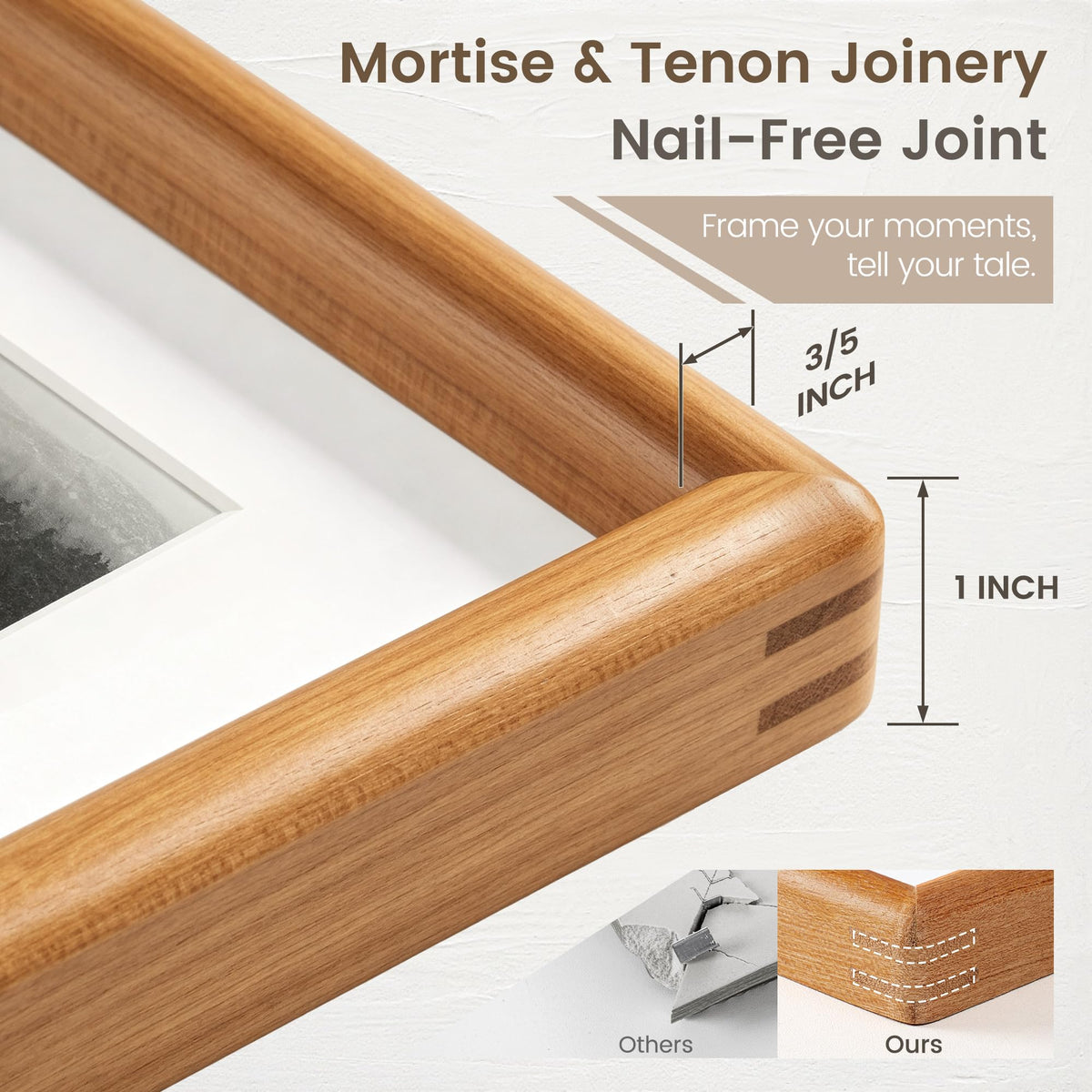11x14 Picture Frame, USA-Sourced Natural Teak Wood Photo Frame with Tempered Glass, Handcrafted Rounded Corner 11 x 14 Wooden Frame Matted to 8x10 Photos, Hanging Hooks Included