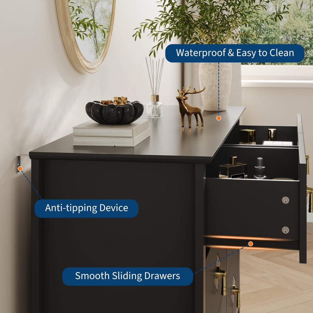 GarveeHome Fluted Dresser for Bedroom, 47.2 Inch Wide 6-Drawer Wood Dresser, Modern Chest of Drawers, Storage Organizer Cabinet for Living Room, Hallway, Entryway, Black