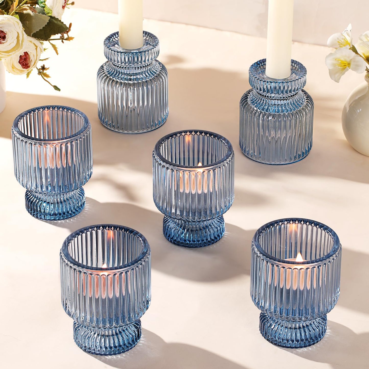 DARJEN 6 Pcs Blue Glass Candlestick Holders with Vertical Stripes - Irregular Shaped, Dual-Use for Taper Candles & Votive/Tea Lights, Candle Holders for Dining Table, Wedding, Party, Home, Gifts