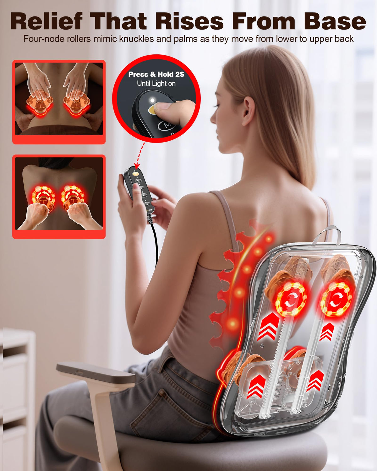 JZBRAIN Shiatsu Back Massager with Heat : Up and Down Rolling Massage - Electric Back Massager for Pain Relief Deep Tissue - Heated Lower Back Massager for Office, Home, Car Use