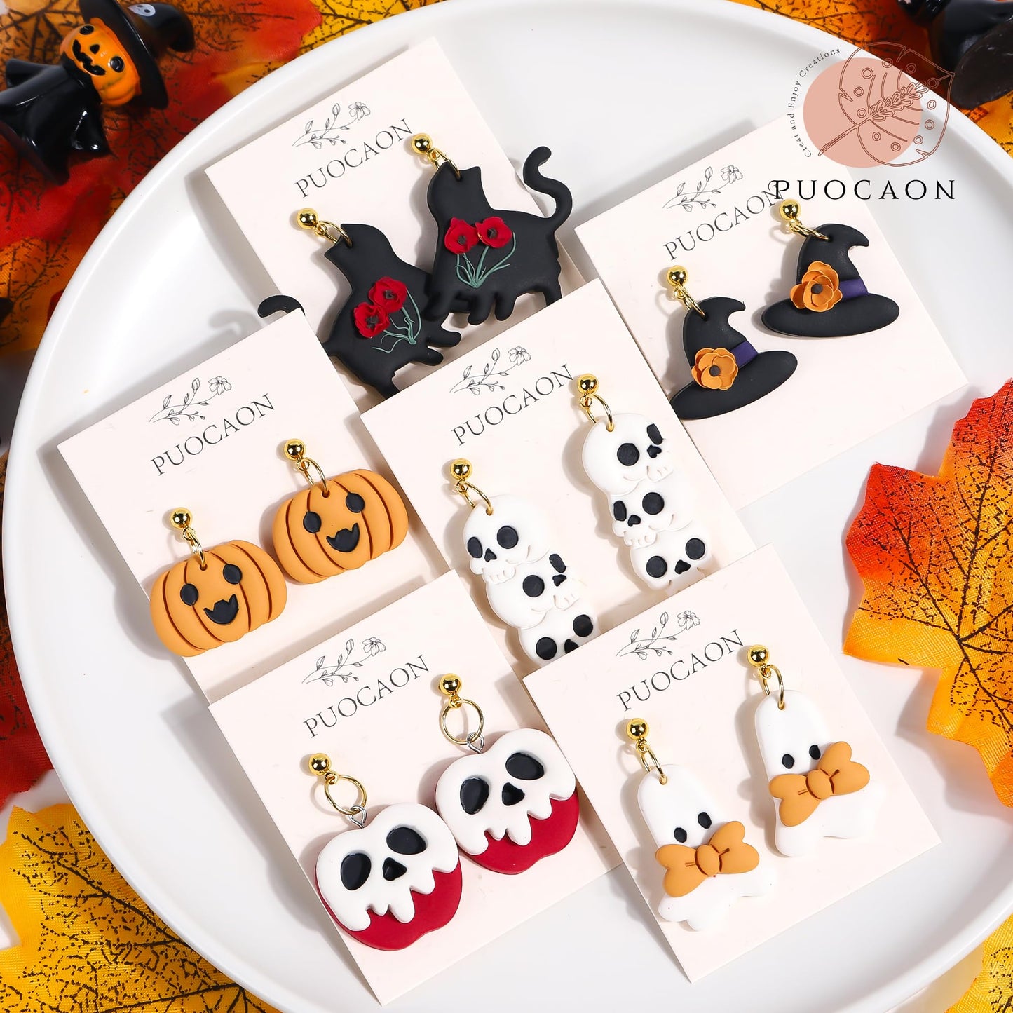Puocaon Halloween Polymer Clay Cutters - 18 Pcs Halloween Themed Skull Ghost Cat Wizard Witch for Earrings Jewelry Making Clay Earrings Cutters