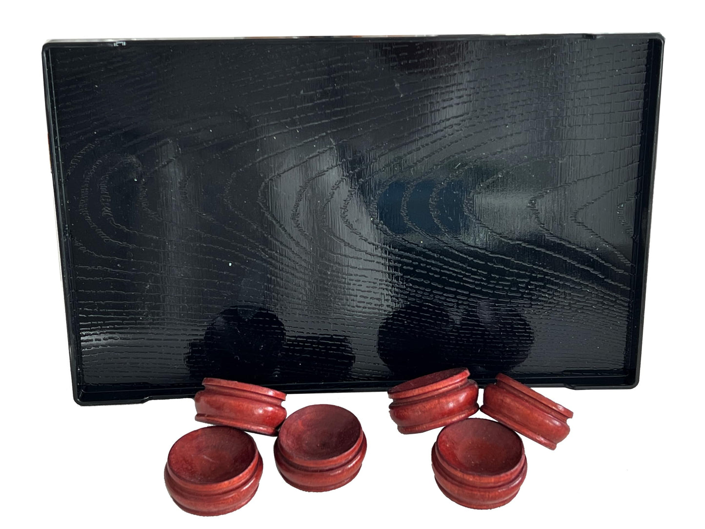 Large Black Woodgrain Tray w/ 6 x Round Wood Base for Geods, Fossils, Rock Spheres, Crystals & Healing Stones Display Holder