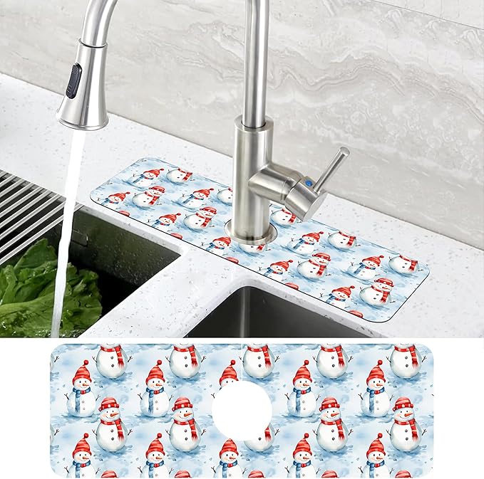 Christmas Snowman with Hat Kitchen Sink Splash Guard Mat Absorbent Fast Drying