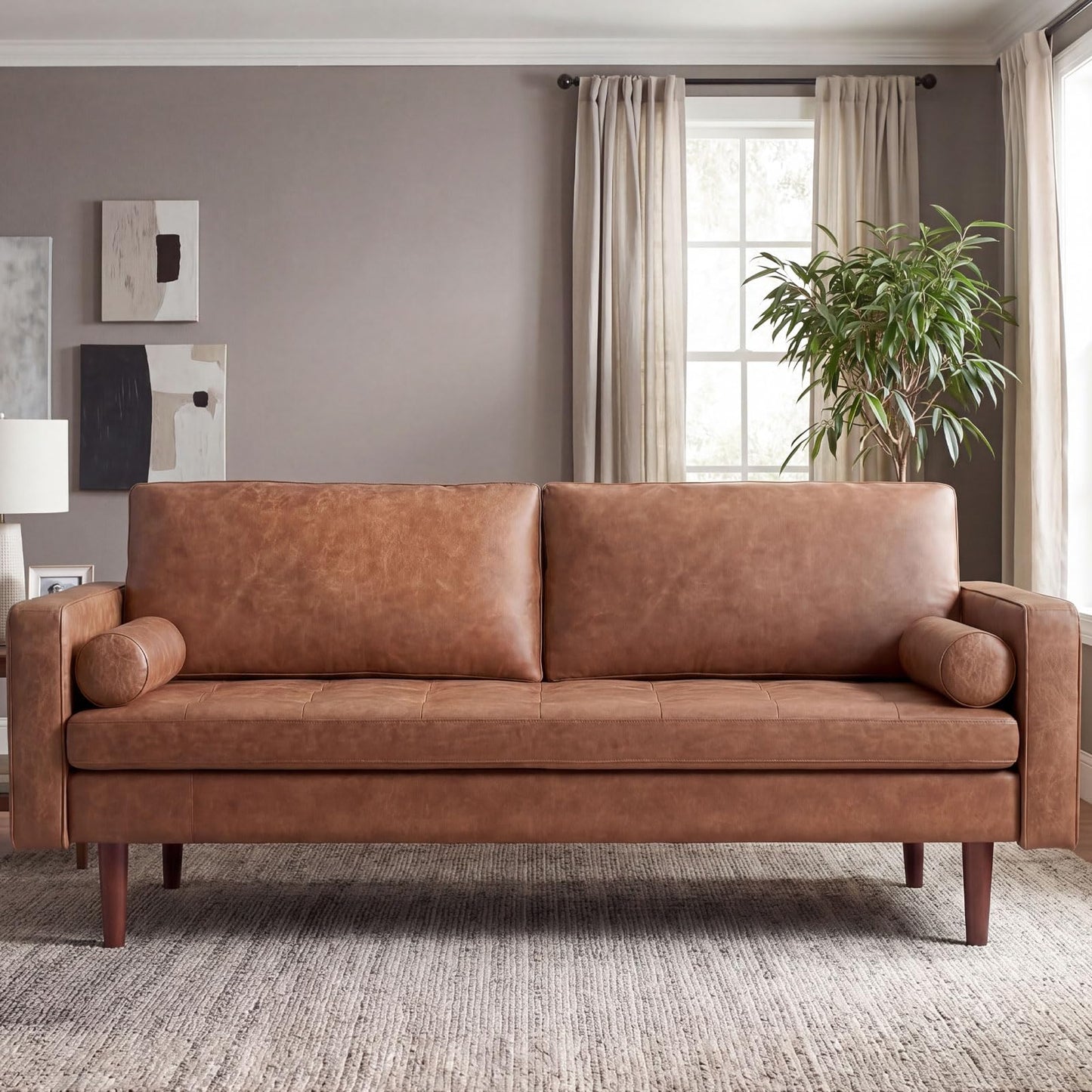Meeyar 70" Mid-Century Modern Sofa Couch – Faux Leather Loveseat Sofa with Deep Seat & Solid Wood Frame – Includes 2 Accent Pillows –Dark Brown Living Room Bedroom Office