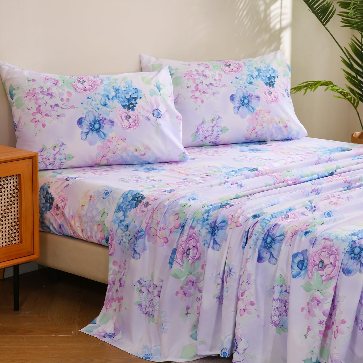 JSD Purple Hydrangea Floral Sheet Set Queen Size, 4 Piece Soft Spring Printed Microfiber Bed Sheets Deep Pocket