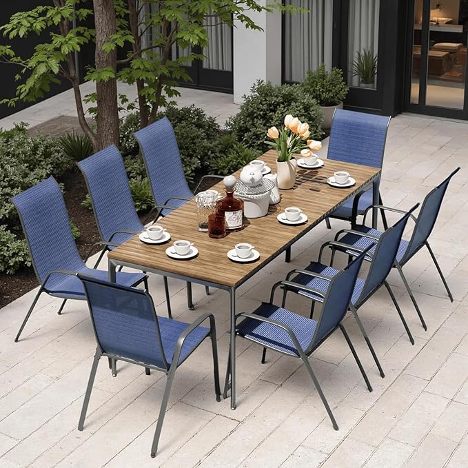 MAMIZO Patio Dining Chairs, Stackable All Weather Teslin Chair, Heavy Duty Outdoor Breathable Chairs Set, w/Armrests, Upgraded Chair FeetW/Strenthened Iron Spacers, 330 LBS (8, Navy Blue)