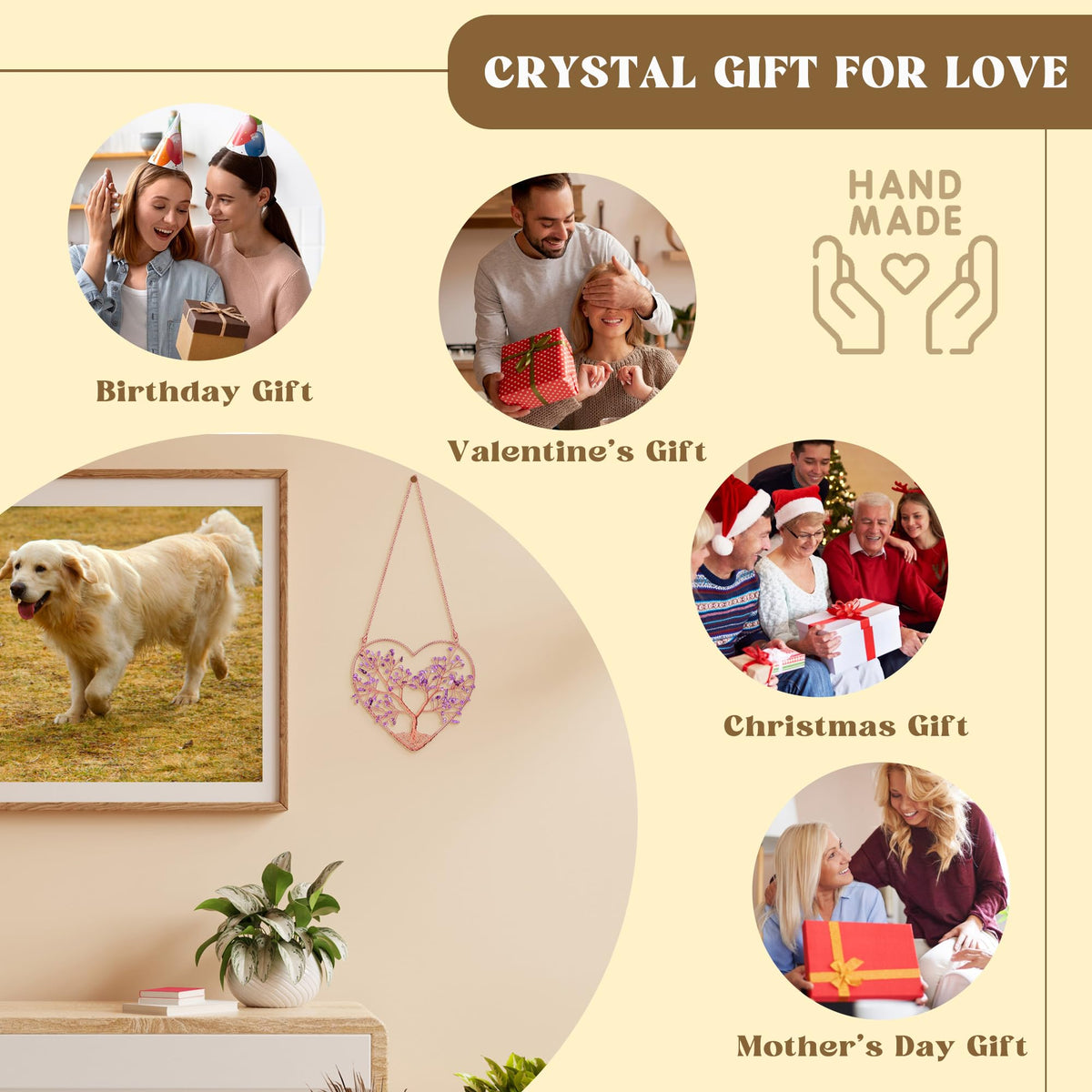 CrystalTears Chakra Crystal Tree Life Heart Hanging Ornament for Home Wall Window Room Decor, Healing Crystals Gemstone Wall Hanger, Positive Crystal Gifts for Women Mom Birthday Christmas