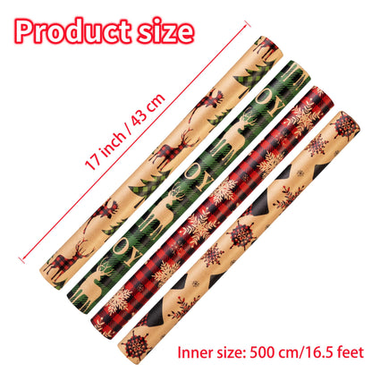 Christmas Wrapping Paper (4 Rolls: 93 sq. ft. ttl) - Red/Green and Black Plaid Grid Patterns, Stockings Snowflakes Pine Tree and Reindeer - Holiday Kraft Gift Paper 17 inches x 16.5 feet Per Roll