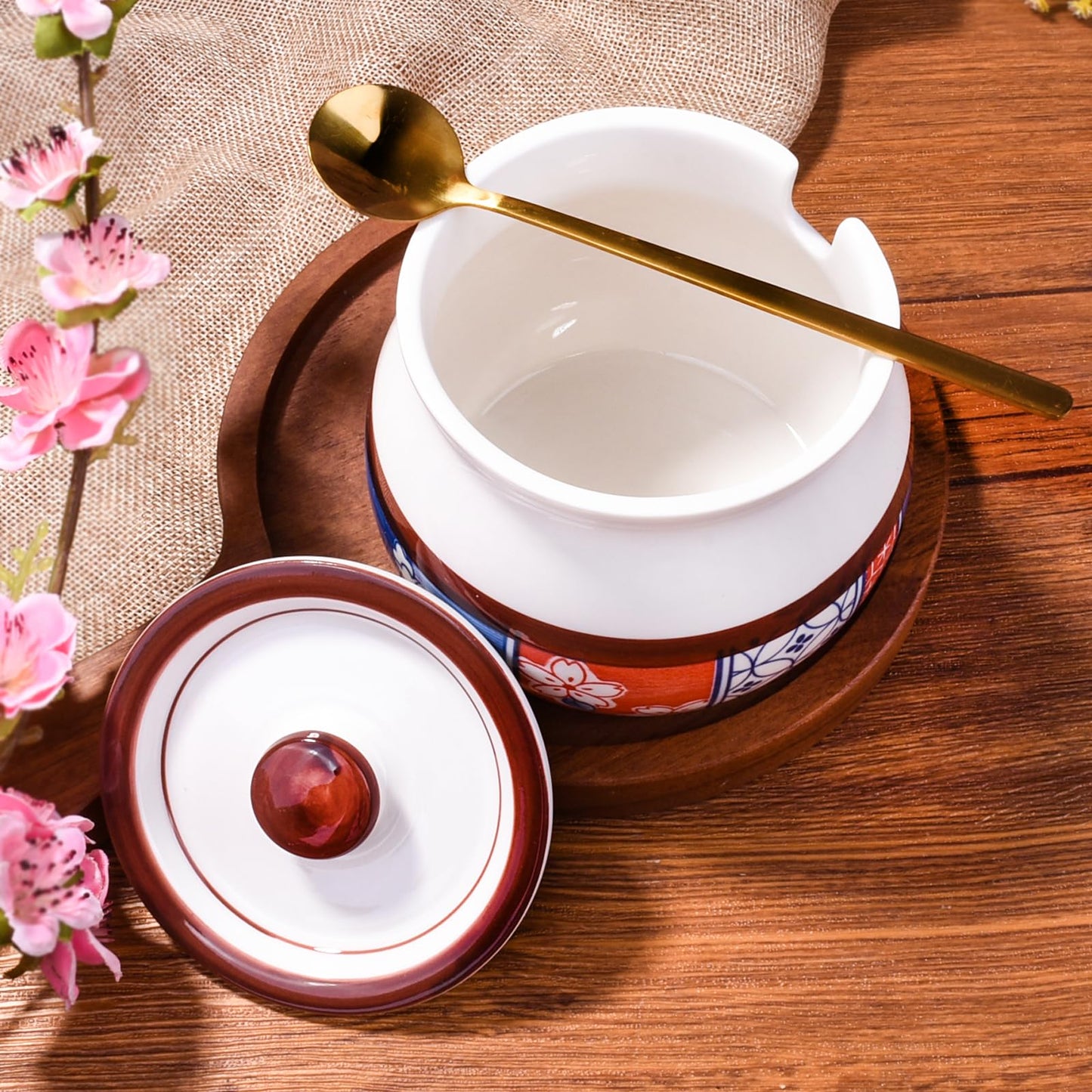 BOSILI Ceramic Spice Jar Set of 2, Airtight Canisters with Lids and Spoons, Floral and Geometric Pattern Containers for Spices, Sugar, Coffee and Tea