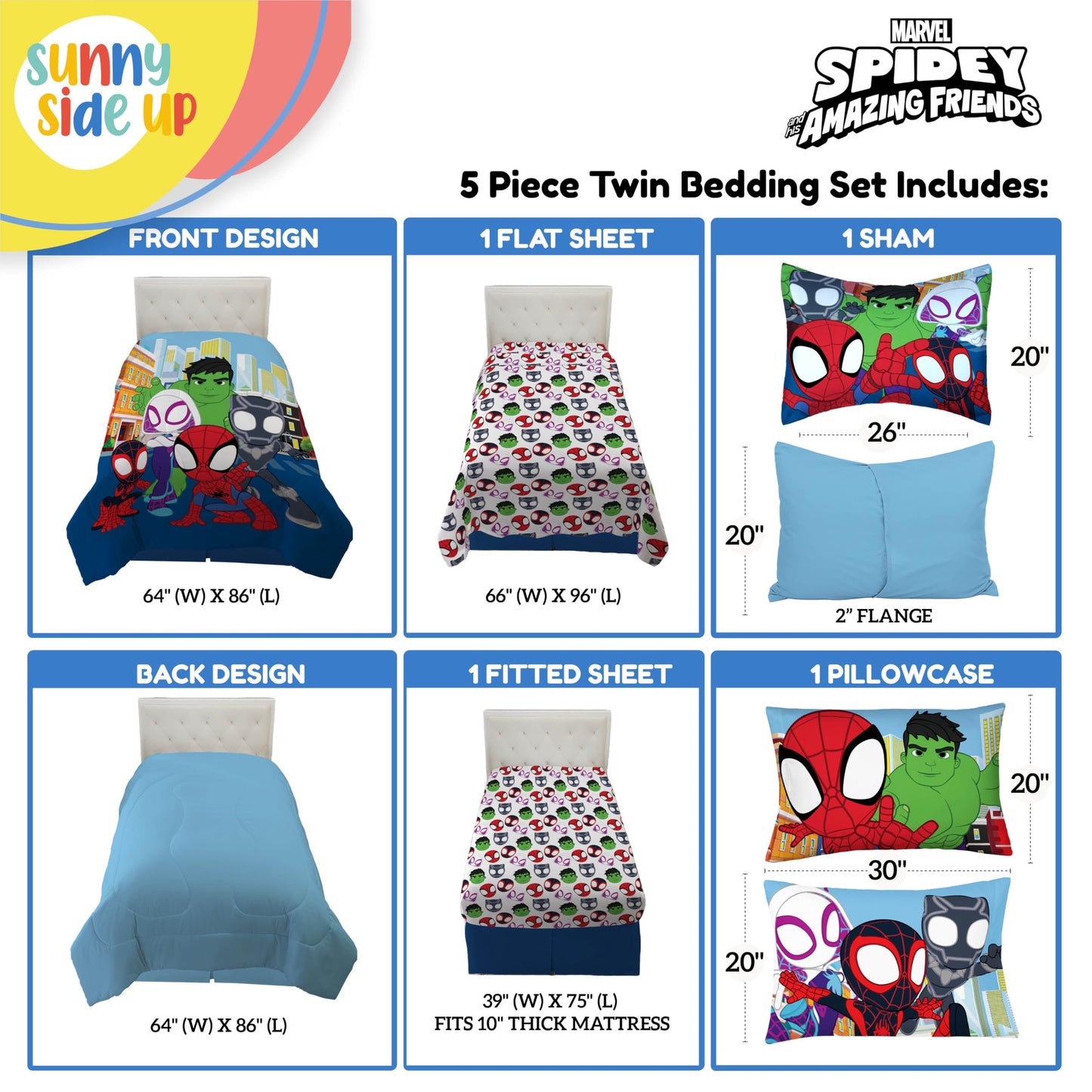 Sunny Side Up Marvel Spidey & His Amazing Friends Twin Comforter Set - 5 Piece Kids Bedding Includes Comforter, Sheets & Pillow Cover - Super Soft Superheroes Microfiber Bed Set