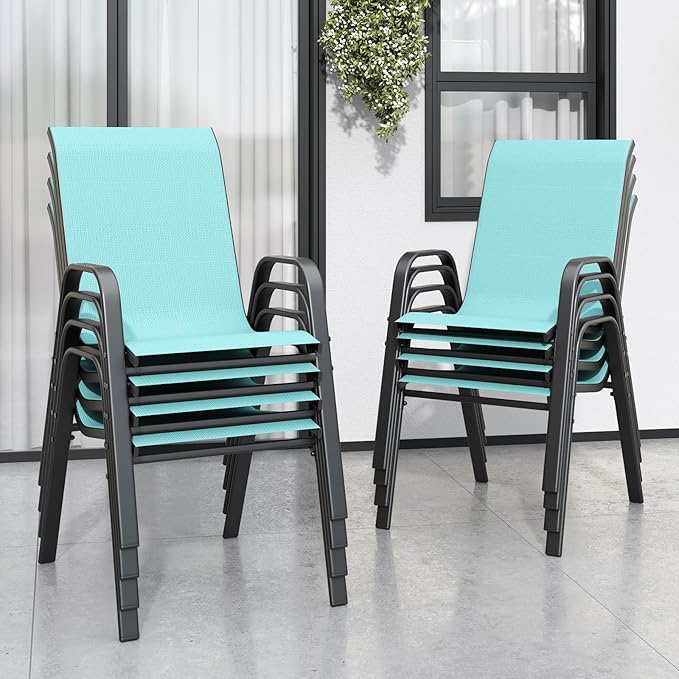 Patio Chairs Set of 8, Stackable Outdoor Dining Chairs for All Weather Textilene Fabric & Metal Frame, Outdoor Chairs Set for Backyard Deck Garden