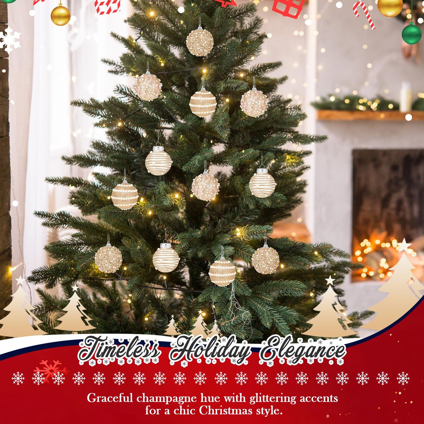 HyDren 16 Pcs Champagne Gold 2.76" Christmas Ball Ornaments Glitter Pearl & Sequin Christmas Ball Decorations Shatterproof Baubles Sparkling Pearl Shine Balls for Xmas Tree Birthday Halloween Wedding