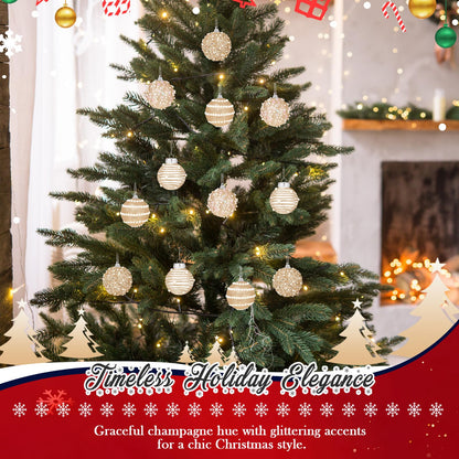 HyDren 16 Pcs Champagne Gold 2.76" Christmas Ball Ornaments Glitter Pearl & Sequin Christmas Ball Decorations Shatterproof Baubles Sparkling Pearl Shine Balls for Xmas Tree Birthday Halloween Wedding