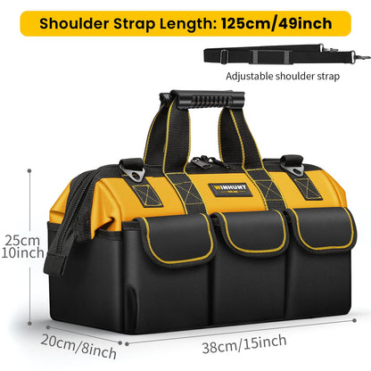 WINHUNT Heavy Duty Tool Bag with Adjustable Shoulder Strap, Waterproof Wide Open Mouth Tools Storage Organiser, 15 Inch, Yellow