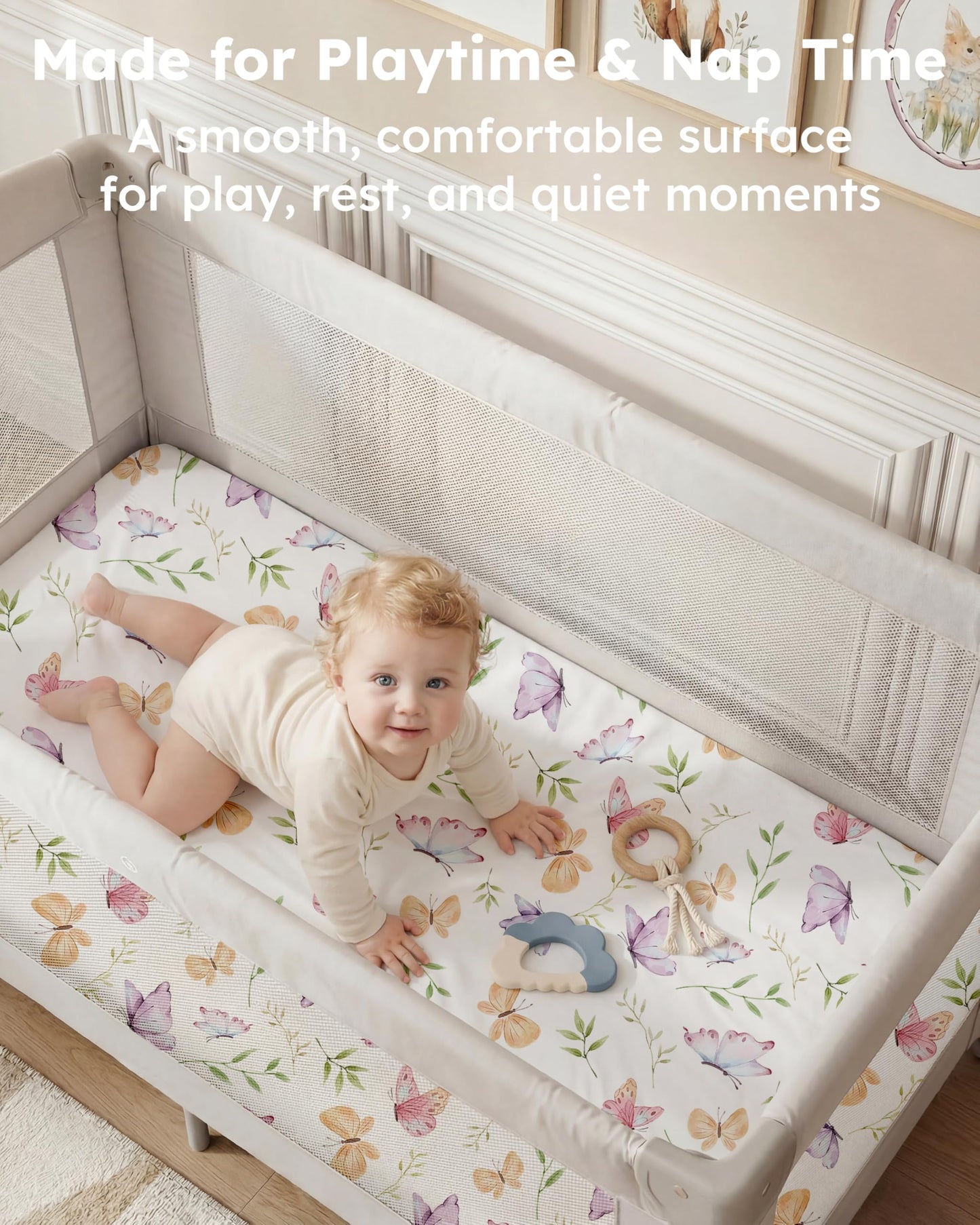 Nyessmee Pack and Play Sheets for Girls, 38" x 26" Mini Crib Sheets Fitted for Pack n Play Mattress, Soft Breathable Playard Sheets, 2-Pack Pink Butterfly