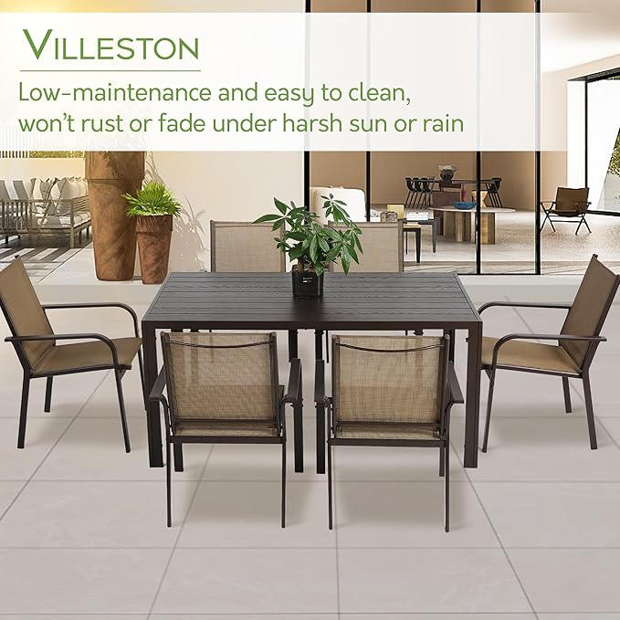 7 Piece Patio Dining Set for 6, 6 Stackable Textilene Chairs and 1 Dining Table Outdoor Furniture Set, Brown
