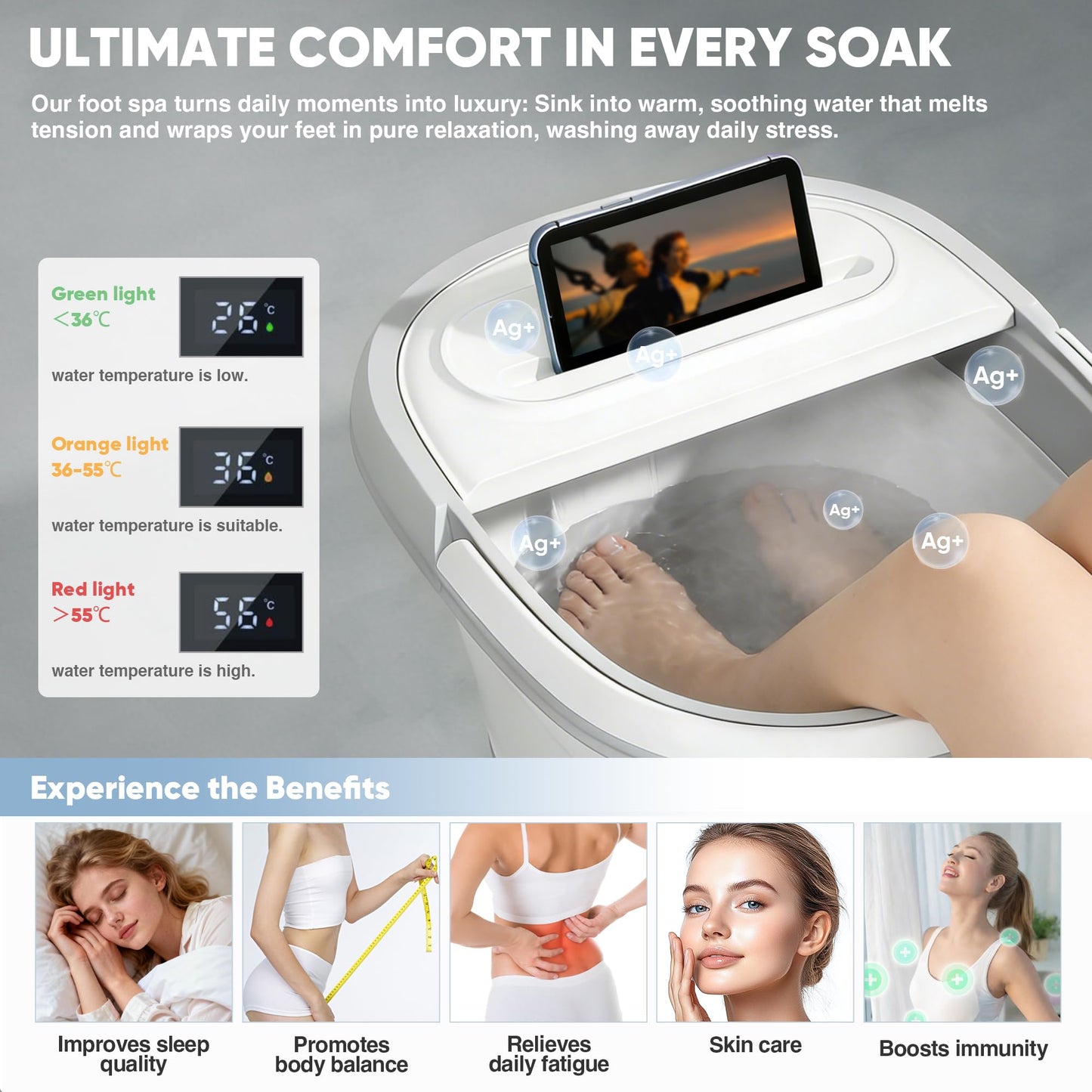 Ionic Foot Bath Detox Machine, Premium Ion Foot Spa for Home Use, Includes 3 Sea Salts (Original/Rose/Lavender), 2 Ion Arrays & Accessories, Perfect for Parents/Seniors/Partner/Self (Foldable Basin)