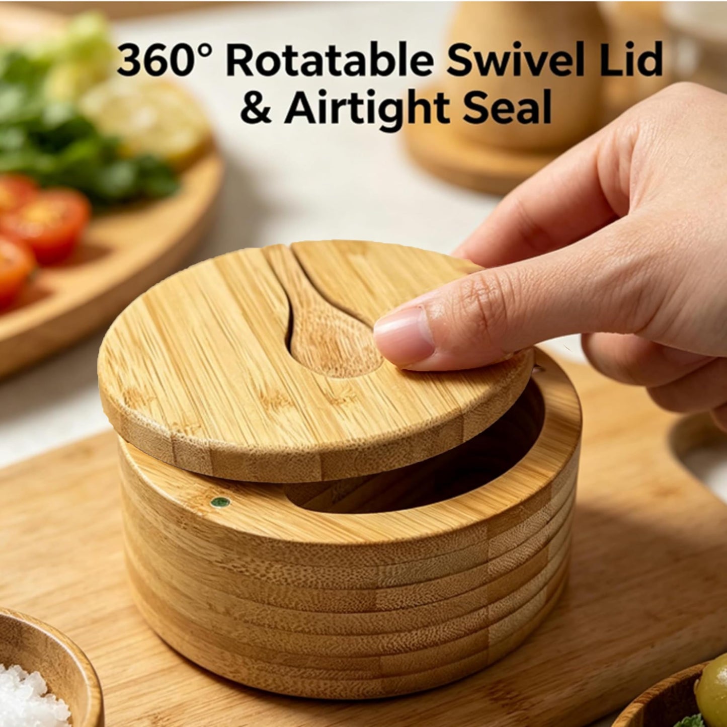 satoaols 2 Compartment Bamboo Salt Cellar with Lid and Spoon Dual Slot Kitchen Salt Holder, Ideal Multi-Purpose Salt Container for Salt and Pepper Storage & Daily Countertop Use