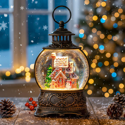 Christmas Snow Globe Lighted Gingerbread House Scene, Musical Snow Water Lantern Swirling Glittering Home Decoration and Gift, Battery Operated or USB Powered