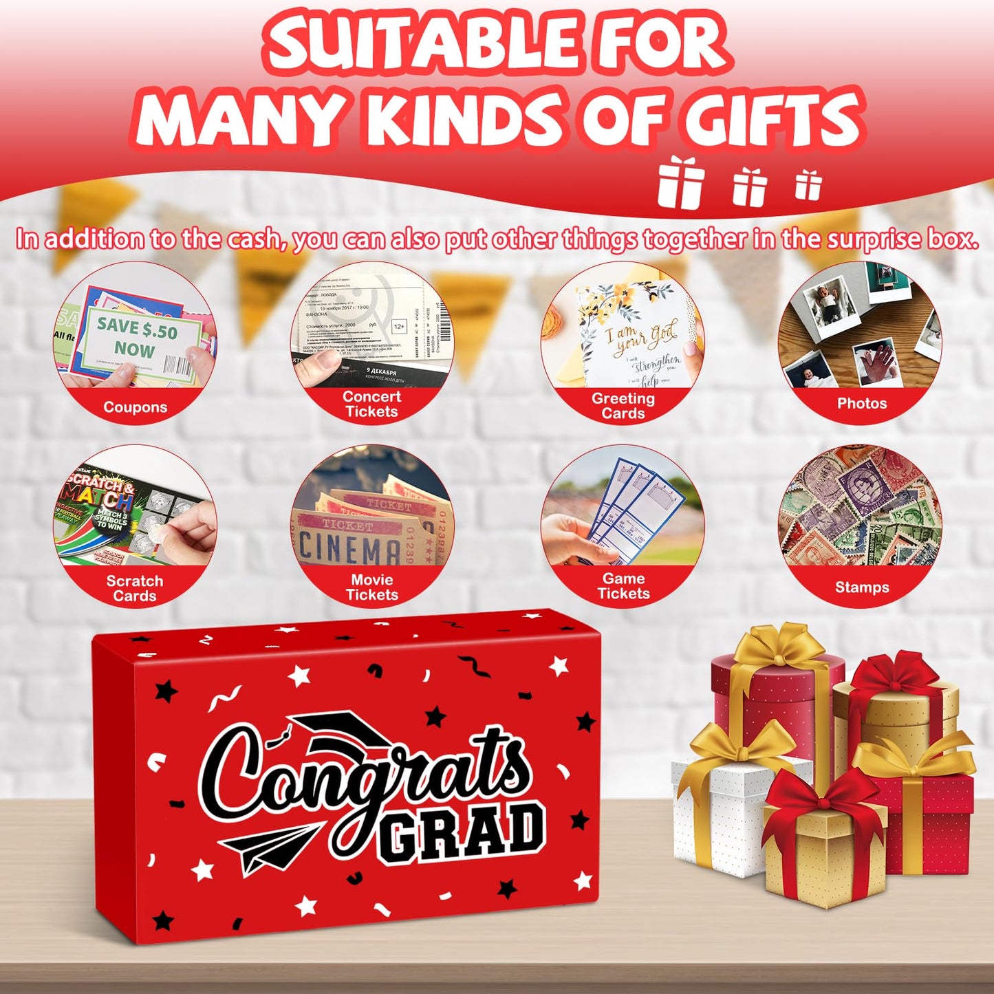 WenmthG 2026 Graduation Surprise Gift Box Explosion for Money - 10 Pcs Grad Pop Out Folding Bounce Money Gift Box with Confetti - Cash Gift Idea for Grad - Graduation Money Bank Party Supply (Red)