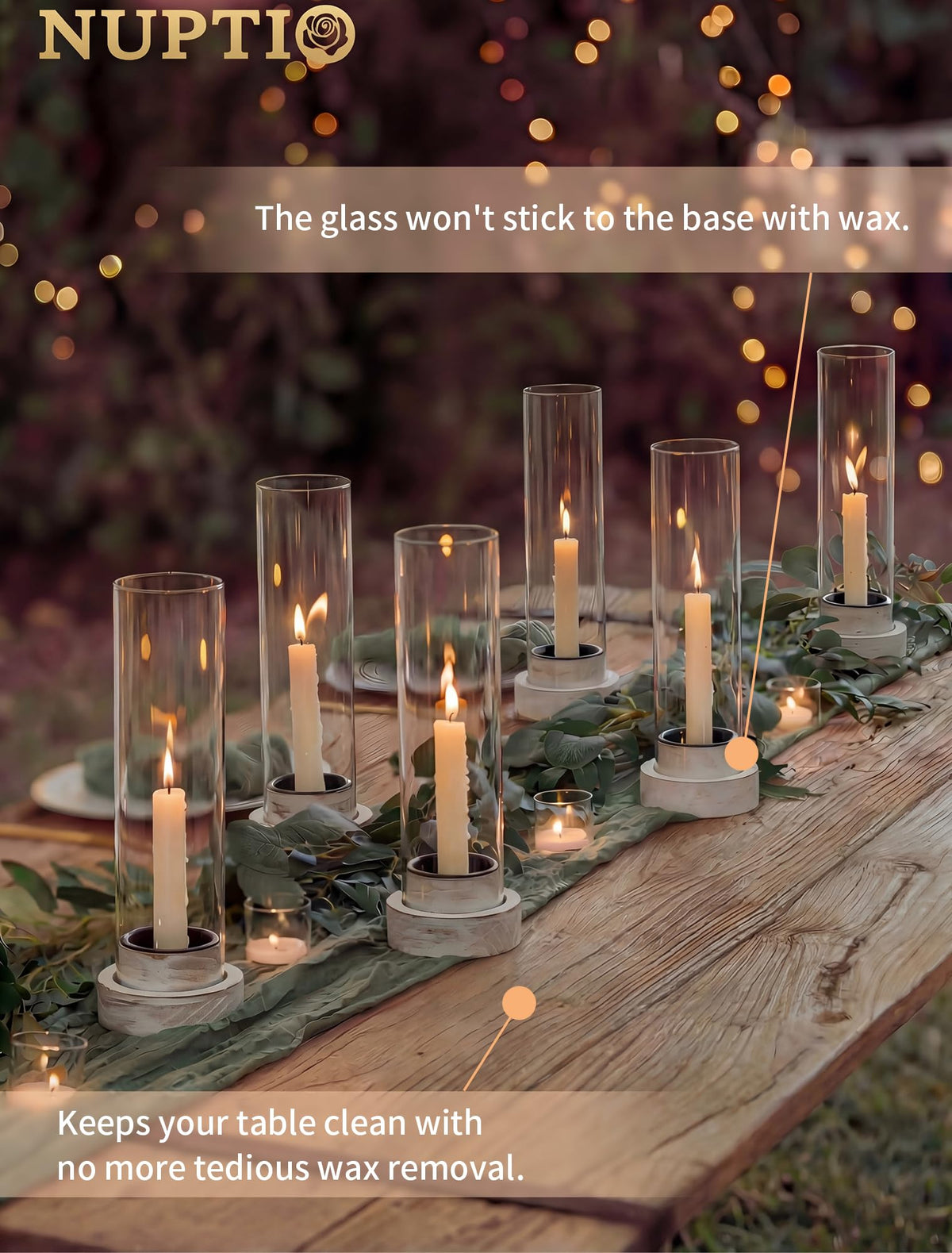 NUPTIO Dripless Candlestick Holders with Wax Catchers for Easy Cleaning: Set of 2 Hurricane Glass Candle Holders with Metal Bobeches - White Wood Farmhouse Home Decor for Wedding Table Centerpiece