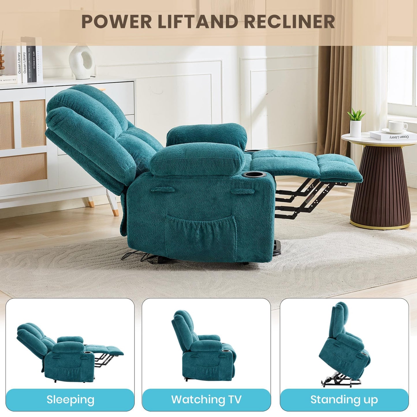 GAOMON Oversized Power Lift Recliner Chair for Elderly, 135° Adjustable Lay Flat Electric Recliner with Massage & Heat, Stand Assist, 2 Cup Holders, for Living Room, Heavy Duty Lift Sofa - Blue