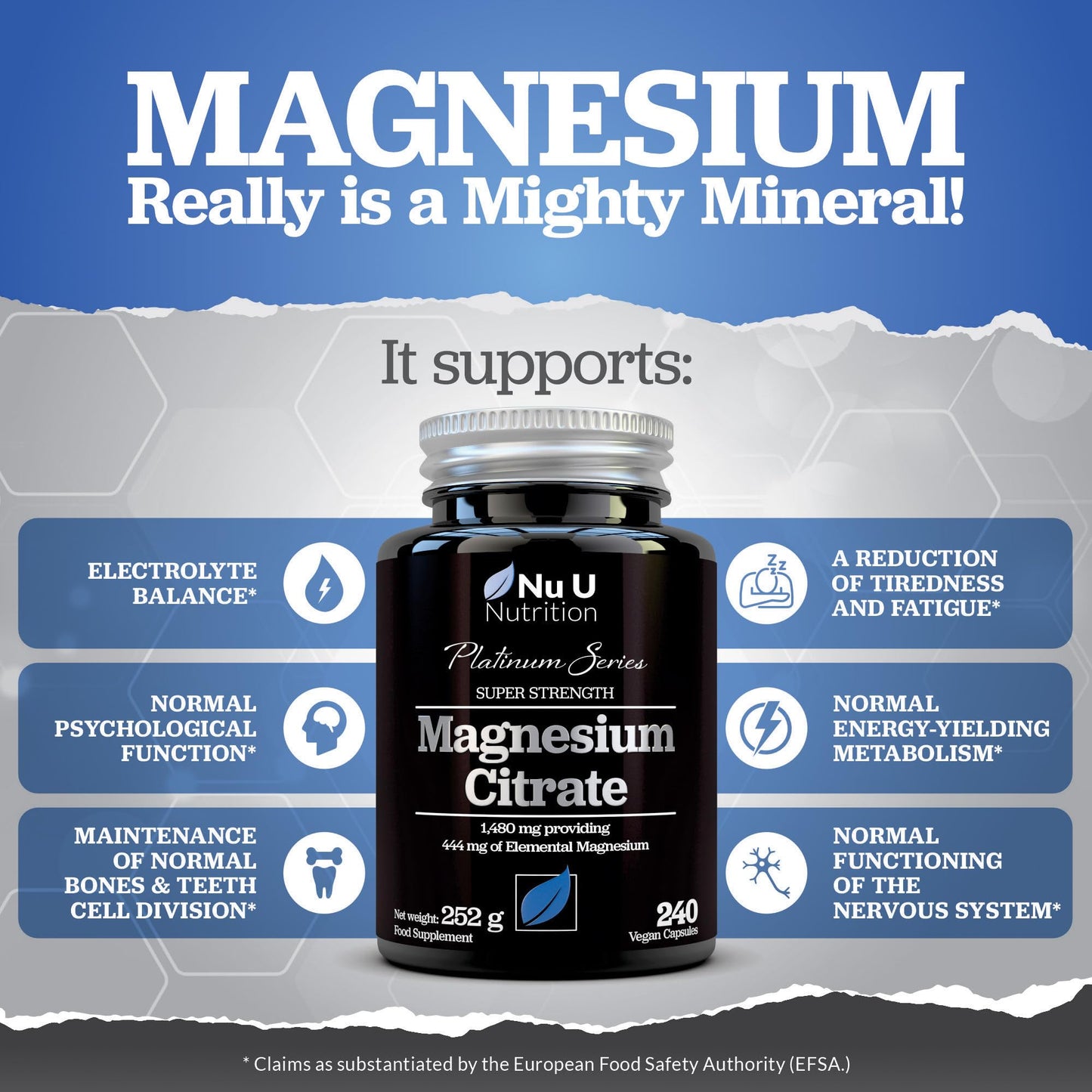 Magnesium Citrate 1480mg - 240 Vegan Capsules - 4 Month Supply - Providing 444mg Elemental Mag - Capsules not Tablets - High Strength Supplement - Made in The UK - Nu U Nutrition