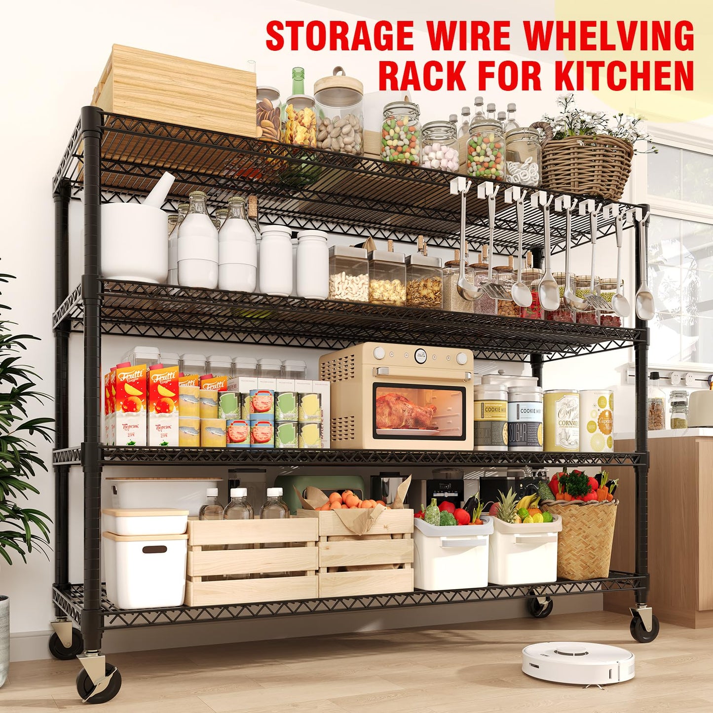 GarveeLife 71" Heavy Duty 4-Tier Storage Shelving Unit, 2640 lbs Capacity with Wheels and Feet, Metal Shelves for Garage, Pantry, Kitchen, or Commercial Use, 71.8" H x 59" W x 17.7" D