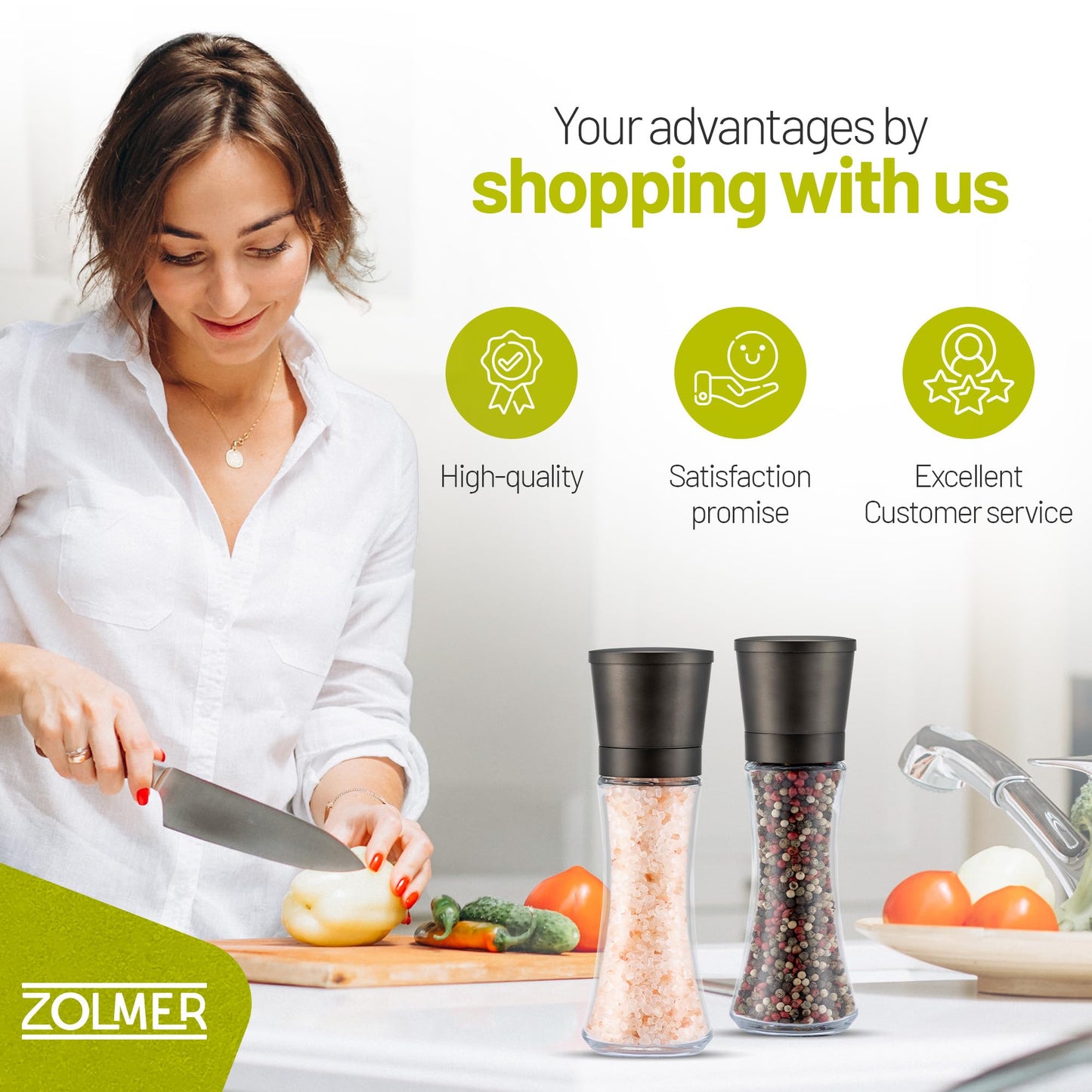 ZOLMER® Premium Gunmetal Salt and Pepper Grinder Set | Large Manual Ceramic Grinder - Big Black Pepper Mill, Salt Grinder, and Chili Mill [No Spices Included]