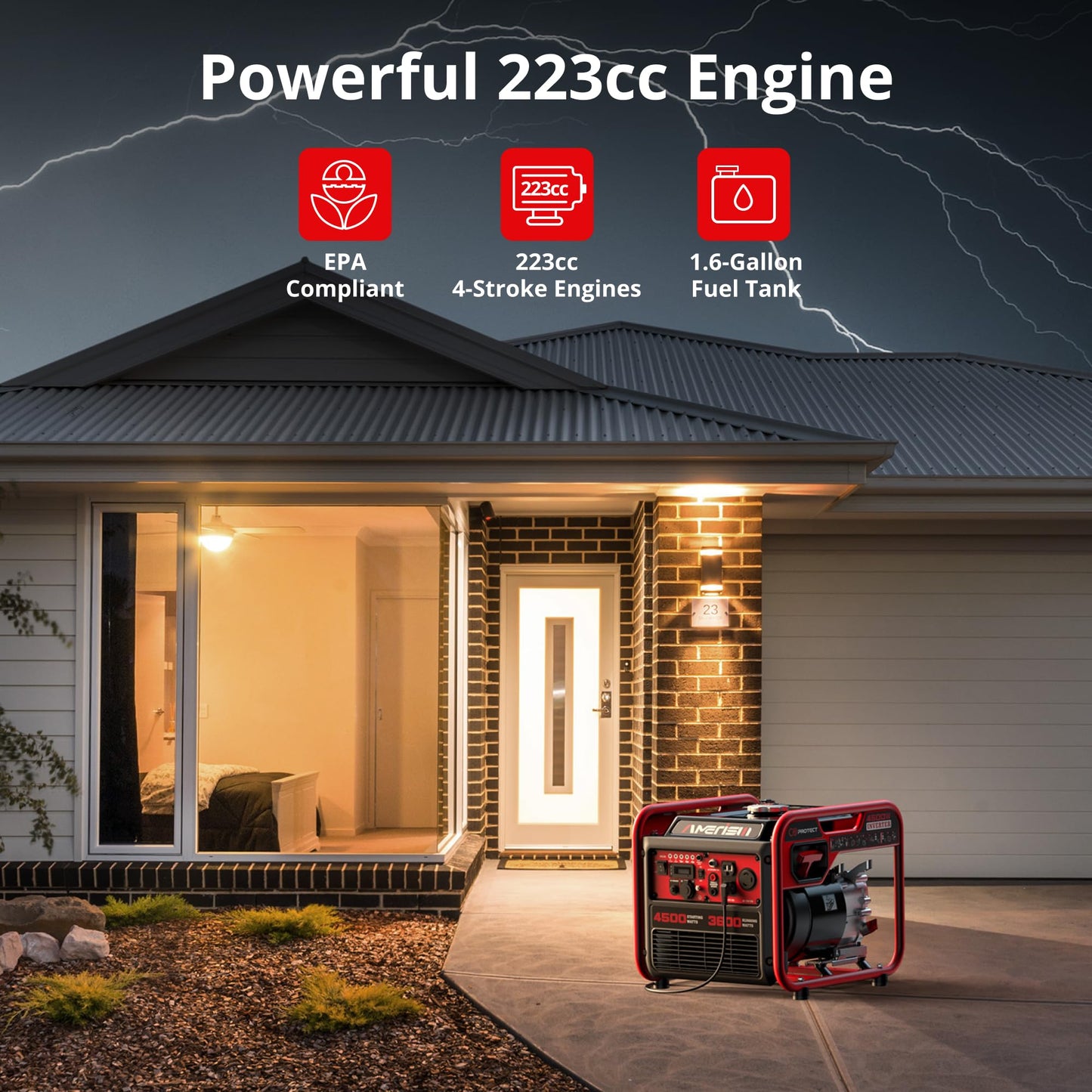 AMERISUN 4500W Inverter Generator, Gas Powered 223cc 4-Stroke Engine,CO Sensor & Parallel Ready, Quiet RV Generator with Eco Mode, 120V 30A RV Outlet for Home Backup, Camping & Outdoor Power