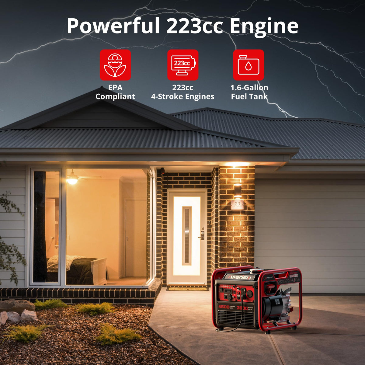 AMERISUN 4500W Inverter Generator, Gas Powered 223cc 4-Stroke Engine,CO Sensor & Parallel Ready, Quiet RV Generator with Eco Mode, 120V 30A RV Outlet for Home Backup, Camping & Outdoor Power