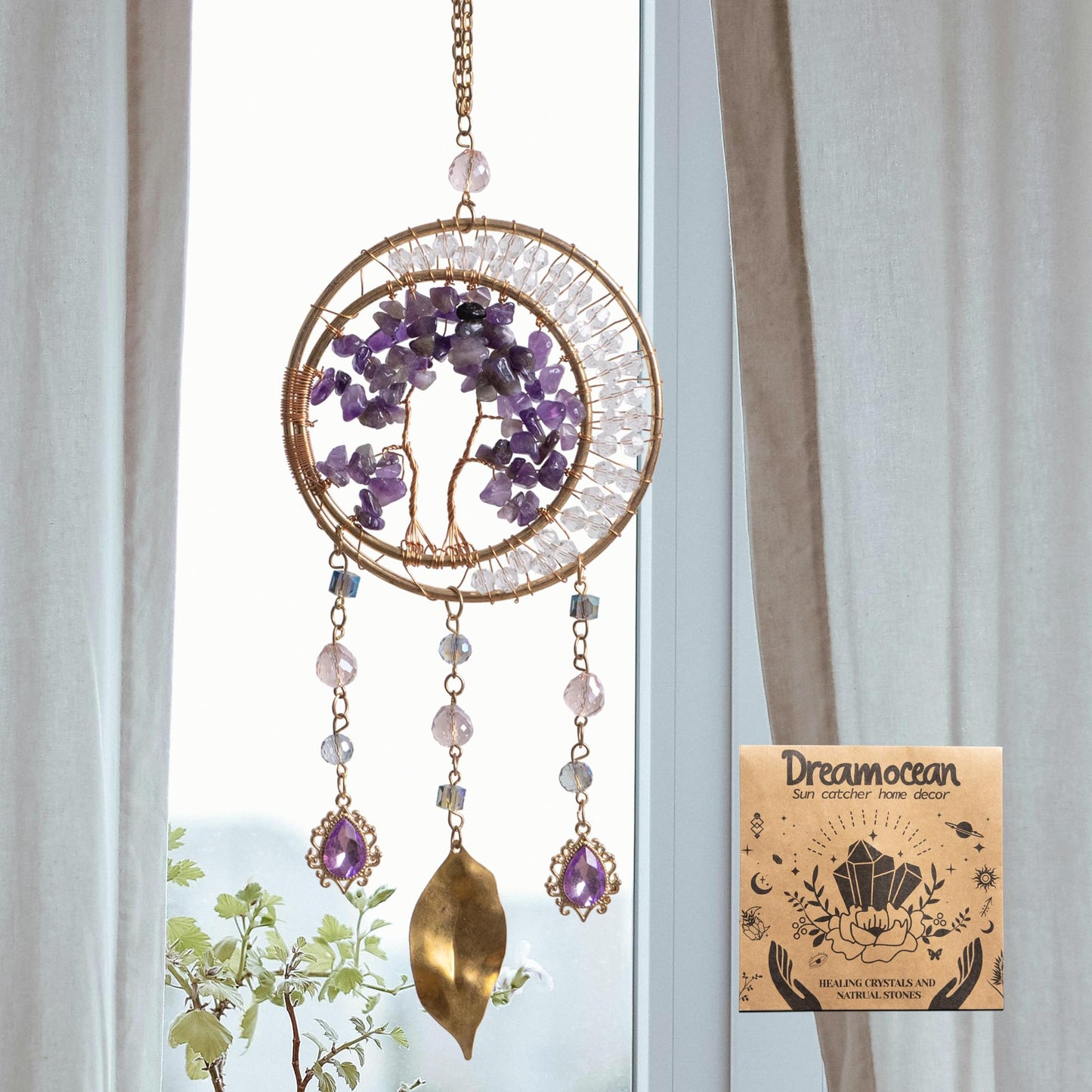 Crystal Suncatcher for Windows Hanging Decor Amethyst Crystal Tree of Life Sun Catcher Prism Rainbow Dream Catchers for Adult Garden Home Decor