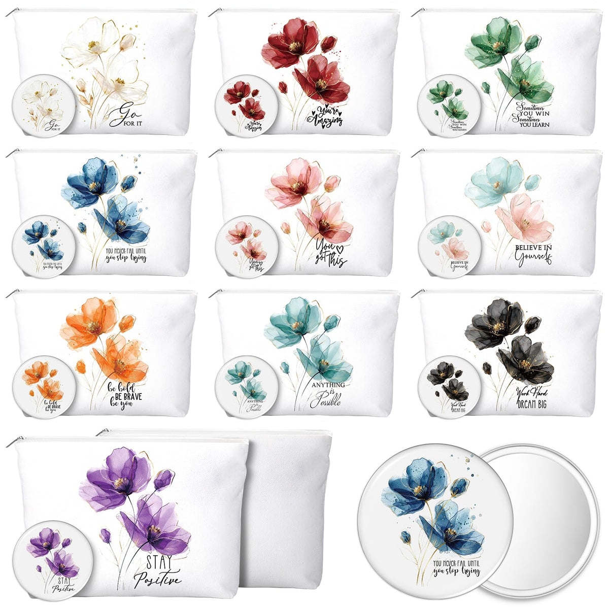 Sieral 20 Pcs Inspirational Appreciation Gifts for Women 10 Inspirational Canvas Makeup Bags 10 Compact Mirror Bulk Cosmetic Bags Portable Mirror Thank You Gifts for Coworkers Staff Friends