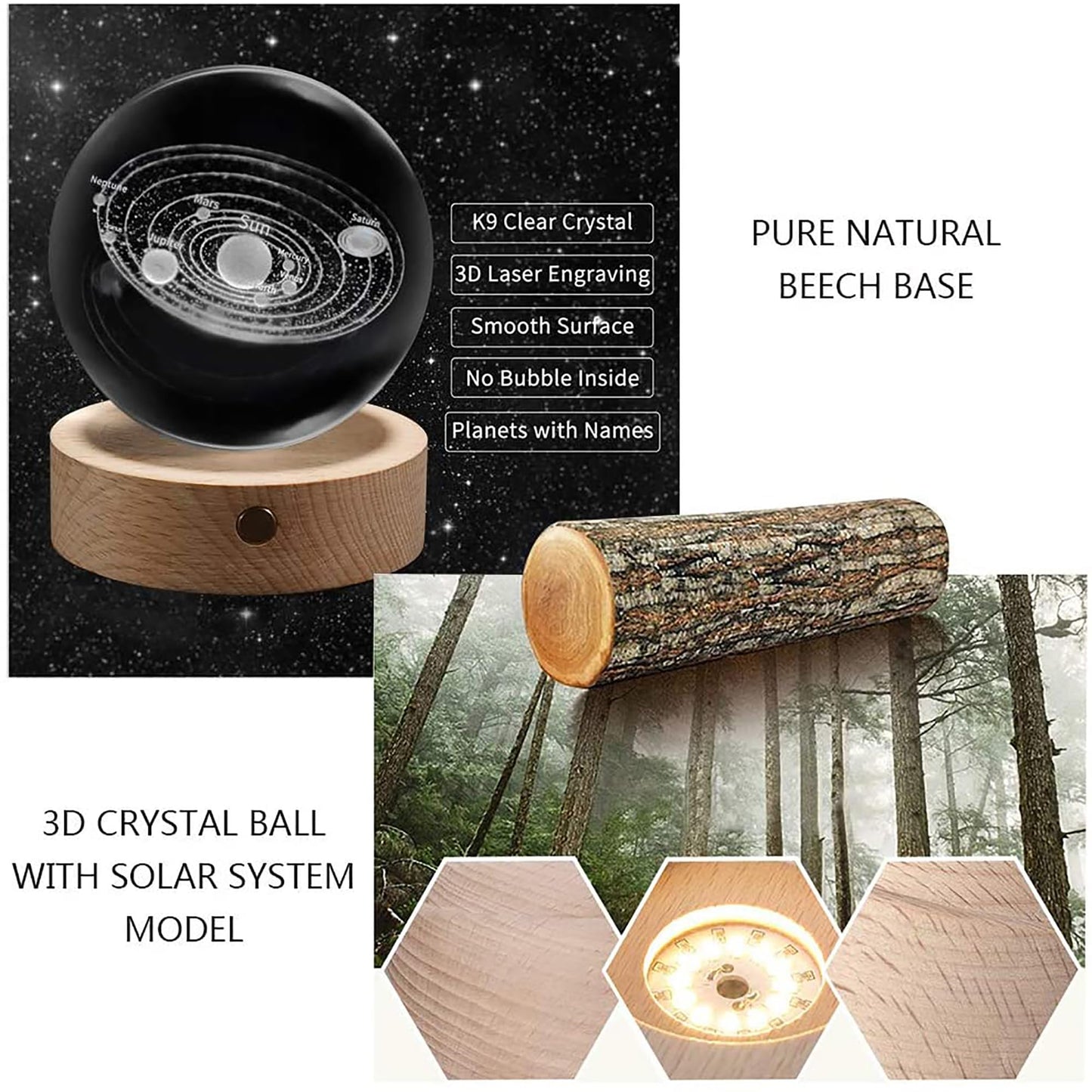3D Solar System Crystal Ball with Wood Base, Engraved Universe Planet Sphere, Kid Education Decorative Glass Ball, Decor Creative Gift