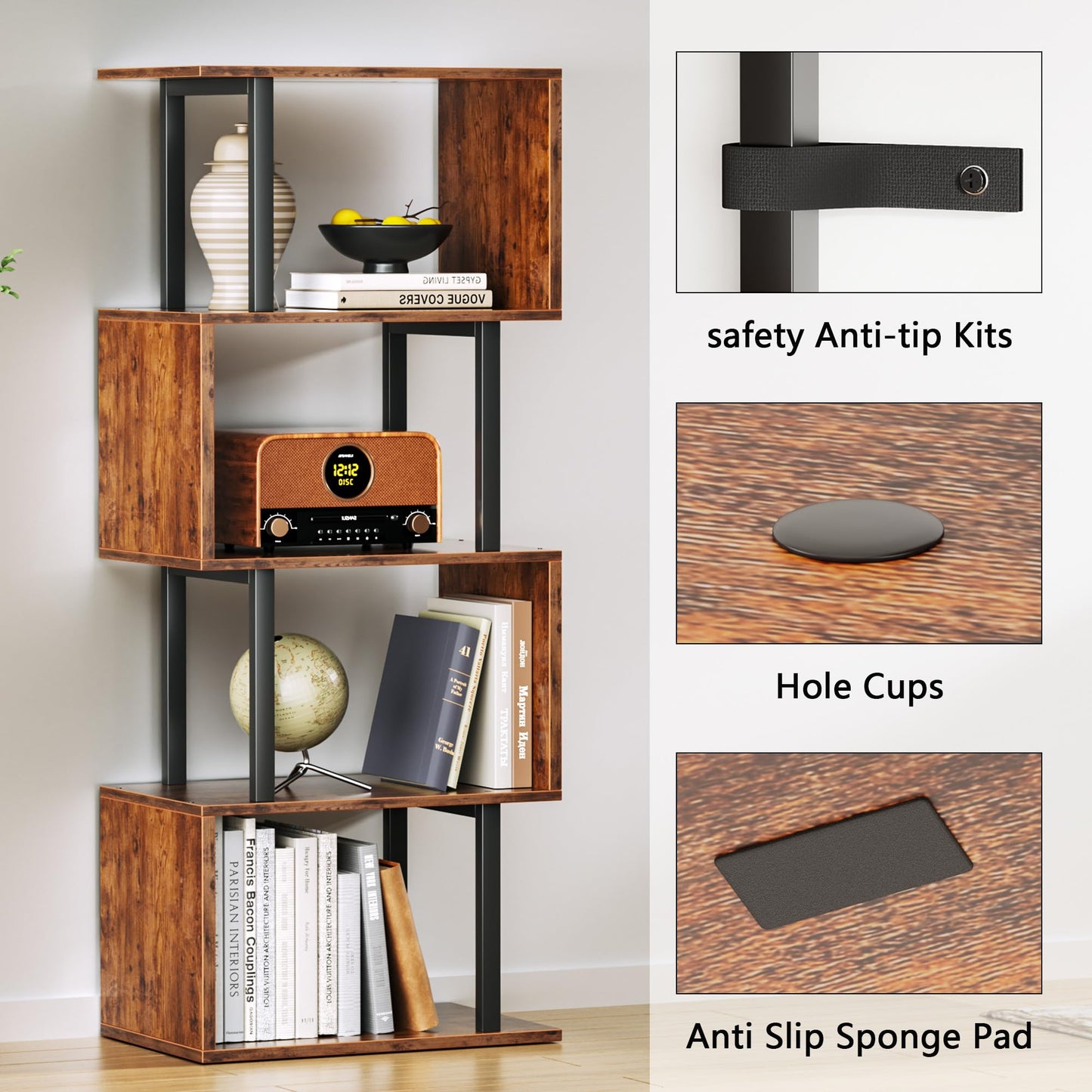 Furologee 5 Tier Bookshelf, S Shaped Geometric Bookcase, Narrow Freestanding Display Shelves, Modern Wood Decorative Storage Rack for Bedroom, Living Room, Home Office, Rustic Brown