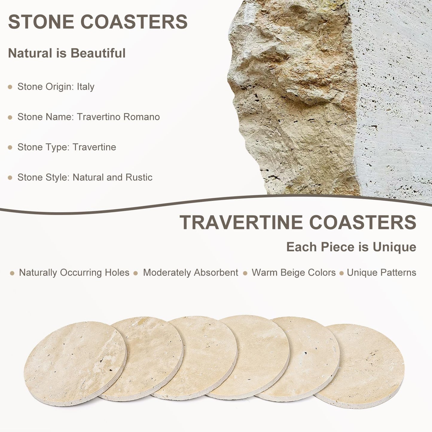 YONGHEE Italian Travertine Coasters Set of 6, Farmhouse Rustic Neutral Style Marble Drink Coasters for Coffee Table Decor, 4 Inch Round Porous Natural Stone Absorbent Coaster, Housewarming Gift
