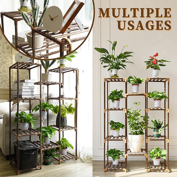 Uneedem Plant Stand Indoor Outdoor, Tall Plant Shelf for Multiple Plants, 10 tiers 11 Pot Large Plants Holder Rack Wood Plant Shelves for Room Corner Balcony Garden Patio