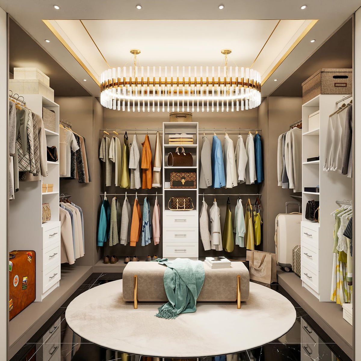 Closet System, 5FT-8FT Closet Organizer System with 3 Wooden Drawers, 99" Walk In Closet Organizer and Storage with 4 Expandable Hanging Rods, Wall Mount, White