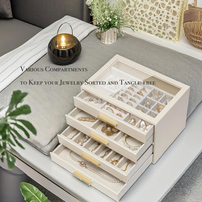 VLANDO 4-Drawer Jewelry Box with Glass Lid, Faux Leather Organizer for Rings Earrings Necklaces and More, Gift-Ready Jewelry Case for Women Girls or Moms, Beige