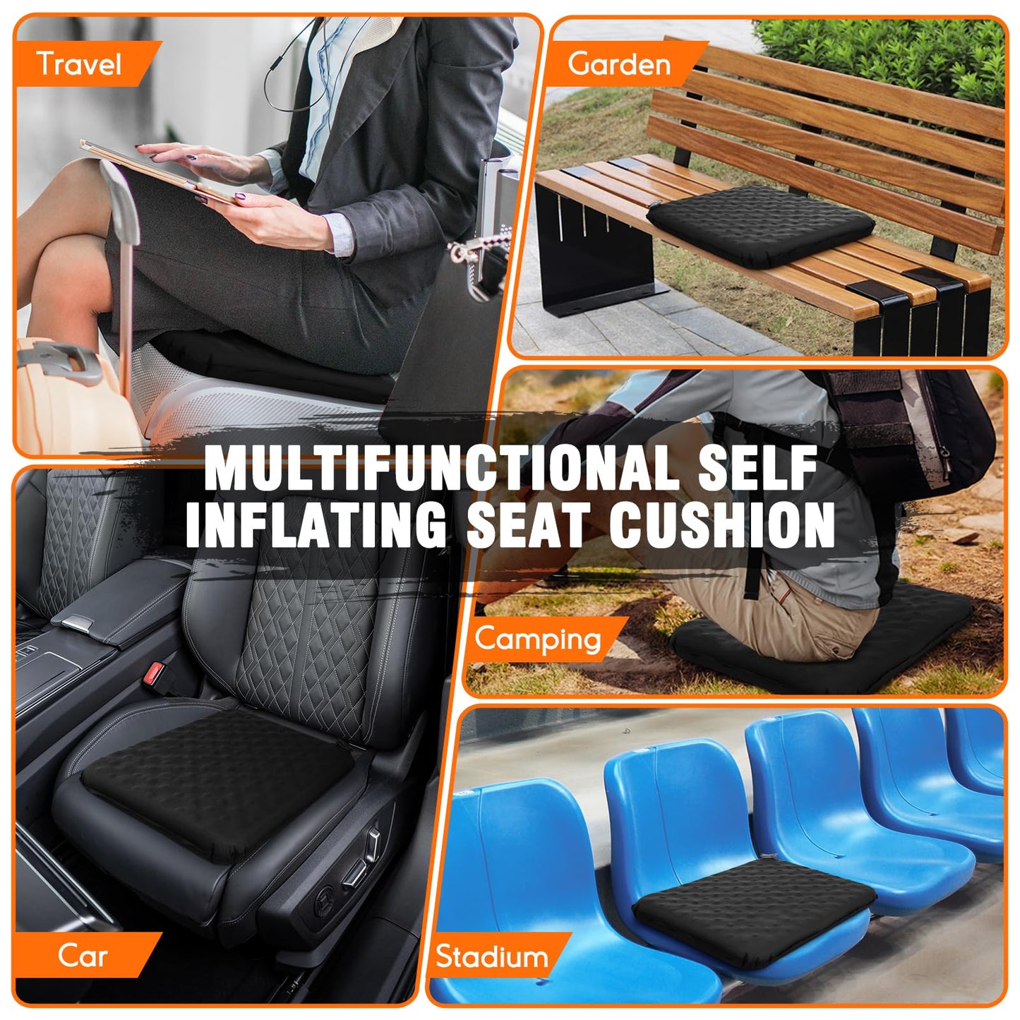 GDREAMT Inflatable Seat Cushion, Self-Inflating Memory Foam Stadium Seats Cushion Lightweight & Compact Chair Sitting Pad Airplane Cushion for Long Flight Travel Outdoor Camping Car Bleachers Office