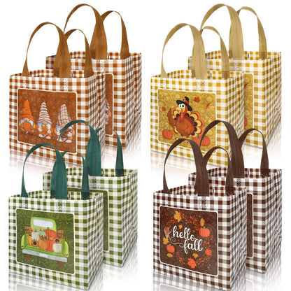 AnyDesign Fall Reusable Gift Bag Plaid Pumpkin Turkey Gnome Tote Bags with Handles Autumn Party Treat Bag Grocery Shopping Bags for Thanksgiving Patch Party, 8 Pack