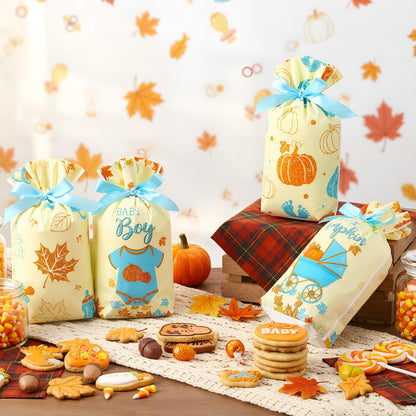 Funrous 60 Pcs Thanksgiving Little Pumpkin Treat Bags Fall Baby Shower Drawstring Candy Goodie Bags Bulk Autumn Maple Leaf Party Favors for Gender Reveal Birthday Supplies(Blue)