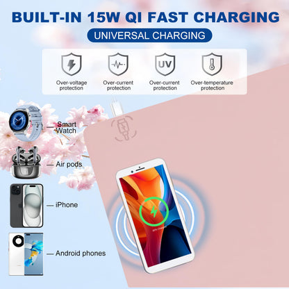 Desk Mat with Wireless Charging, Pink Mouse Pad with Wireless Charger, Desk Pad Matt for Desktop, Mousepad Gaming Large Mouse Pad, Leather Compute for Keyboard and Mouse, 32" x 16"