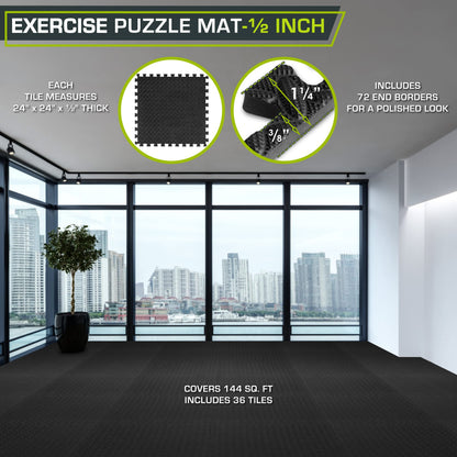 ProsourceFit Puzzle Exercise Mat ½ in, EVA Interlocking Foam Floor Tiles for Home Gym, Mat for Home Workout Equipment, Floor Padding for Kids, Black, 24 in x 24 in x ½ in, 24 Sq Ft - 6 Tiles