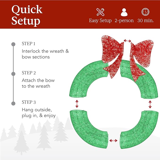 Best Choice Products 60in Pre-Lit Outdoor Christmas Wreath Decoration, LED Metal Holiday Decor for Home Exterior, Garden w/ 206 Lights, Bow - Green/Red
