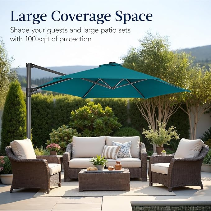 Best Choice Products 10ft Offset Cantilever Hanging Market Patio Umbrella, Smooth 360° Rotation, 8 Sturdy Ribs, Easy Adjustment - Cerulean