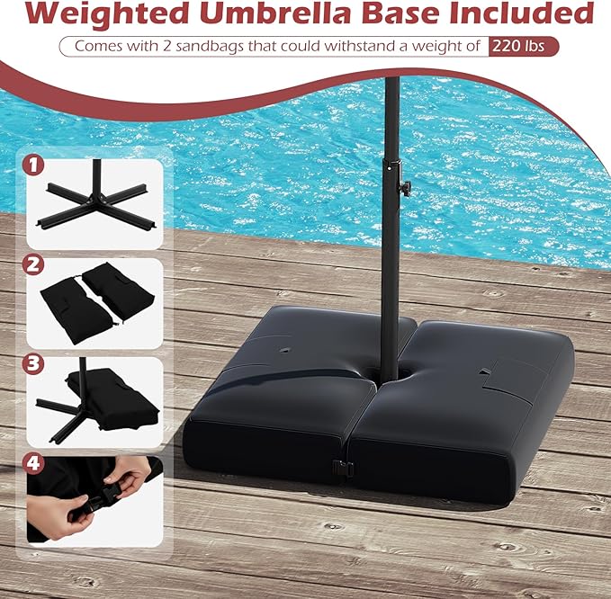 Tangkula 10ft Solar LED Patio Umbrella with Base, Offset Cantilever Outdoor Umbrella with 32 LED Lights, Infinite Tilt, 360 Degree Rotation, Crank Handle for Pool Deck Garden Backyard (Wine)