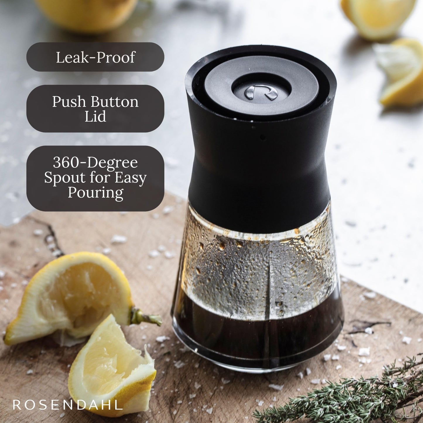 Rosendahl Grand Cru 8.5 Oz Dressing Shaker - Elegant Black Glass Container with Push-Button Lid, 360-Degree Spout for Easy Pouring, Leak-Proof, Multifunctional Kitchen Essential for Homemade Dressings
