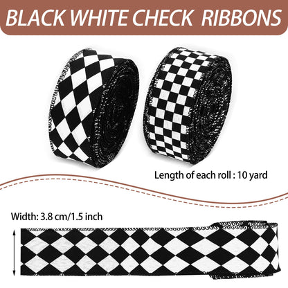 Waydress 2 Rolls/ 20 Yards Black and White Checkered Ribbons Buffalo Checked Harlequin Wired Diamond Gingham Ribbon for Gift Wrapping Racing Car Party DIY Wreath Decor Craft Hair Bow(1.5 Inch Wide)