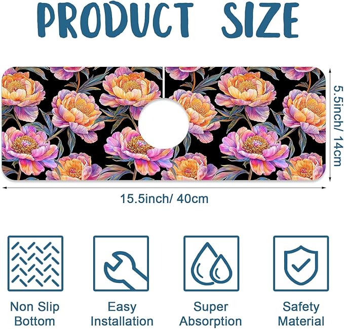 Colorful Peonies Sink Splash Guard Blooming Peonies Faucet Absorbing Mat Fast